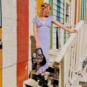 NWOT UO Kimchi Blue Cora Lavender Silky Y2K Lace Asymmetrical Midi Dress S